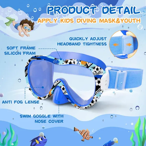 Miniatura 6 de Gafas de natación para niños con cubierta para la nariz, máscara de esnórquel panorámica de 180° con diseño antivaho y antifugas, correa de tela