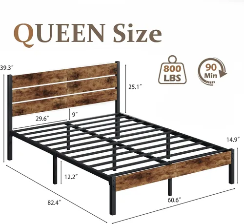 Miniatura 2 de Lifezone Base de cama Queen con cabecero y estribo, marco de cama de metal Queen con almacenamiento debajo de la cama, sistema de soporte de metal