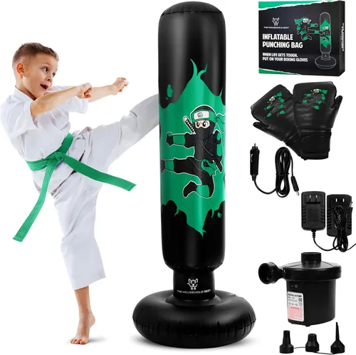 THB Punching Bag for Kids - Inflatable Punching Bag with Boxing Gloves for Kids Age 3-8, 63” Ninja Boxing Bag with Electric Air Pump to Practice
