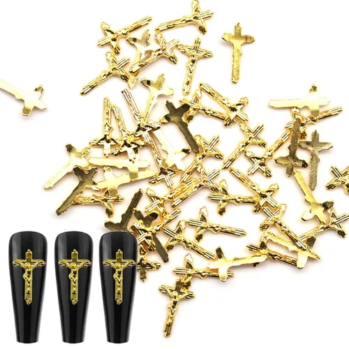 Miniatura 4 de WOKOTO 100 dijes de uñas de crucifijo dorado 3D para arte de uñas 3D, dijes de uñas de metal dorado para decoración de uñas, accesorios de bricolaje