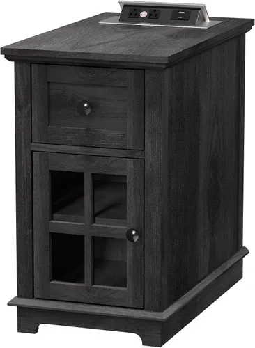 HIFYOBRO Mesa auxiliar con cajón, mesa auxiliar de almacenamiento con estación de carga superior, puerto tipo C y USB y tomas de corriente, armario