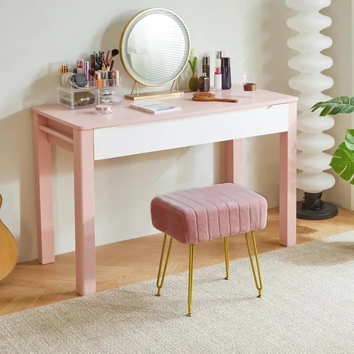 Miniatura 4 de IBUYKE Reposapiés Otomano Rectangular de Terciopelo, Taburete de Tocador de Maquillaje Mesa Auxiliar, Asiento de Mesa de Tocador de Terciopelo, Rosa