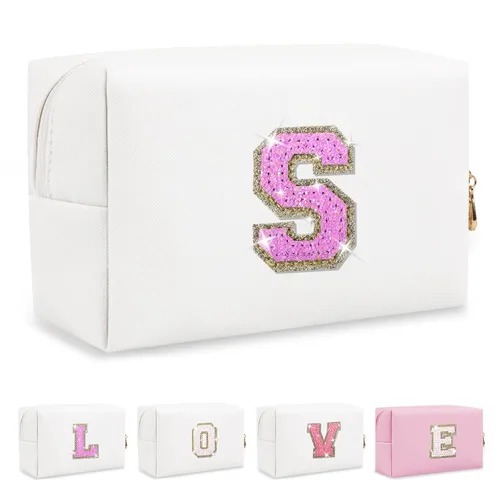 Miniatura 408 de Pequeña bolsa de maquillaje personalizada con inicial A-Z Preppy Patch, bolsa de cosméticos de viaje de felpilla blanca con cremallera, bonita bolsa