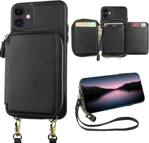 Bocasal Funda tipo cartera con bloqueo RFID para iPhone 11, funda cruzada ajustable con cremallera, tarjetero con soporte y correa de muñeca Negro