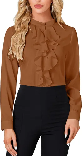 Miniatura 20 de LYANER - Blusa de cuello alto con botones, volantes en el frente, manga larga, camisa de trabajo para mujer