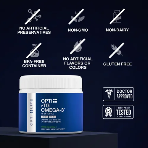 Miniatura 3 de Opti + Omega 3 Aceite de pescado EPA DHA, apoyo para las articulaciones del cerebro del corazón* Formulado por médicos Uso diario Omega 3 DHA