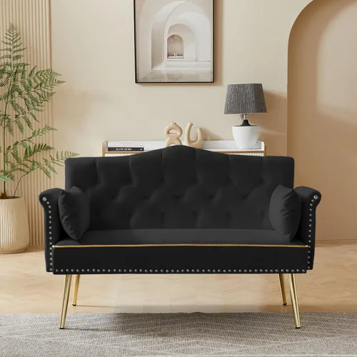 hansones Sofá biplaza moderno de terciopelo de 55 pulgadas con patas de metal dorado y bolsillos laterales, respaldo copetudo, perfecto para sala de