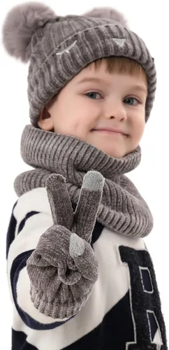 Miniatura 6 de Toddler Boys Girls Winter Warm Knit Beanie Hat Neck Scarf Touchscreen Gloves with Fleece Lined Cap for 3-10 Year Kid Gifts