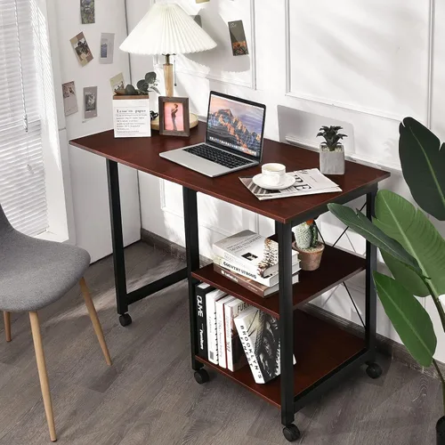 Miniatura 2 de Tangkula Escritorio plegable móvil para computadora, escritorio moderno con estantes de almacenamiento de 2 niveles, escritorio de estudio