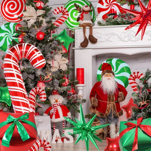 Miniatura 6 de 32 globos de papel de aluminio de Navidad, globos grandes de remolino de bastón de caramelo, globos de papel de aluminio de estrella y cajas