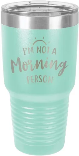 Miniatura 23 de Vaso negro de 30 onzas con popote y tapa superior deslizante con texto en inglés "I'M NOT A MORNING PERSON", color negro