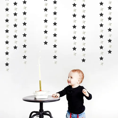 Miniatura 7 de Guirnalda de decoración de cumpleaños y graduación en negro y plata - 18.9 metros de serpentinas brillantes con purpurina y estrellas colgantes