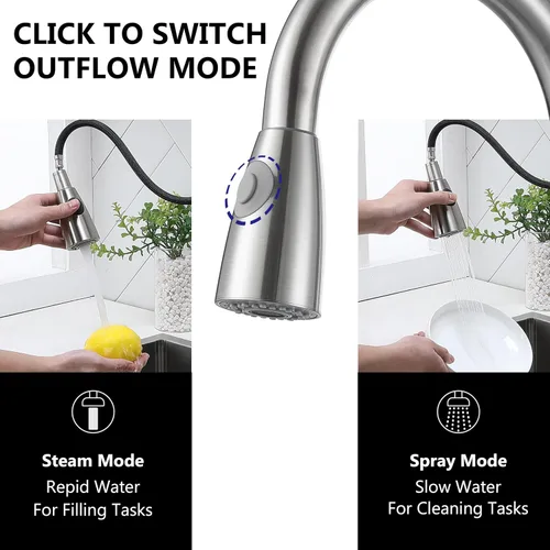 Miniatura 4 de Comllen Grifo de cocina con rociador extraíble, grifos de cocina de acero inoxidable de níquel cepillado, grifo comercial de arco alto de una sola