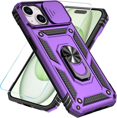 Miniatura 22 de SunStory Funda compatible con iPhone 15 con protector de pantalla HD, cubierta de cámara deslizante y soporte de anillo giratorio, [grado militar]