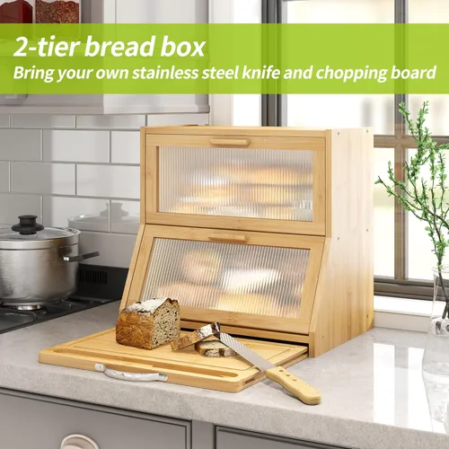 Miniatura 2 de BMOSU Panera grande de doble capa con tabla de cortar para encimera de cocina, panera con ventana de vidrio esmerilado de bambú (natural)