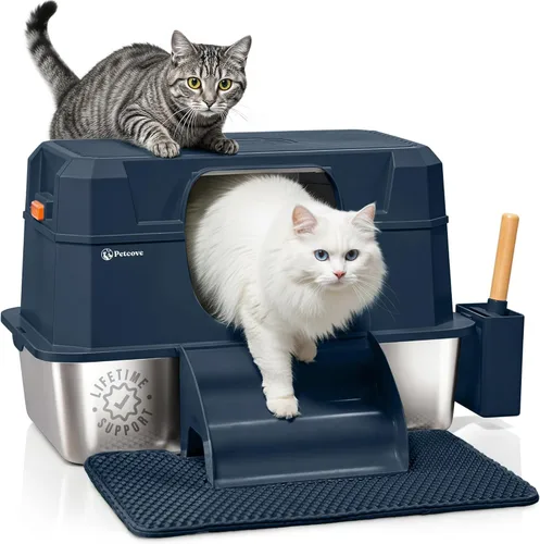 Miniatura 10 de Caja de arena para gatos de acero inoxidable con tapa, diseño XL 3 en 1 para gatos de interior, caja de arena de acero inoxidable, máxima privacidad