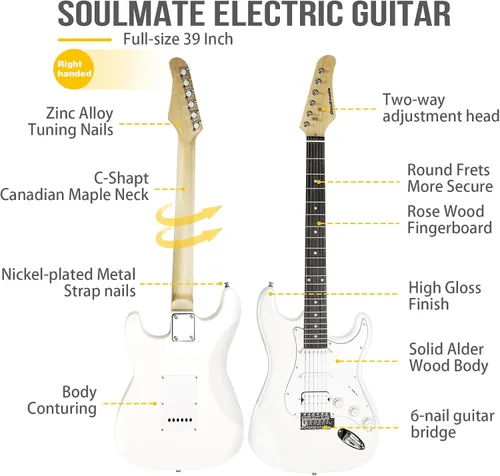Miniatura 4 de Kit de guitarra eléctrica Soulmate para principiantes, 39" con pastillas HSS, amplificador de 15W, cejilla, correa, cuerdas, cable, púas, bolsa
