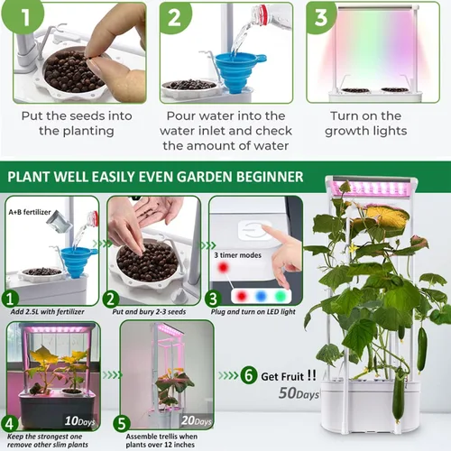 Miniatura 8 de E SUPEREGROW Kit de sistema de cultivo hidropónico con enrejado, sistema de jardinería hidropónico alto inteligente con luz LED de crecimiento, kit