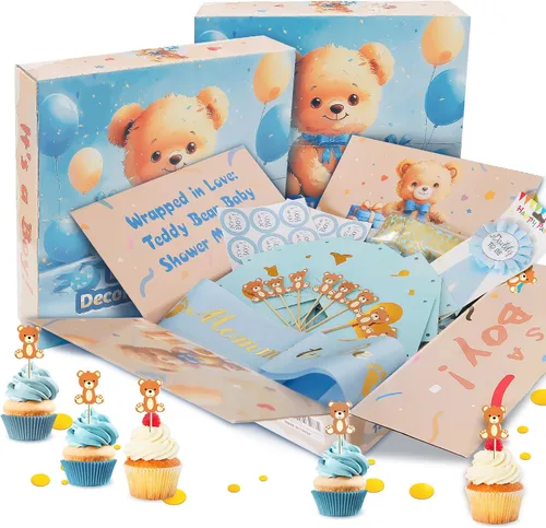 Miniatura 7 de Decoraciones de oso para baby shower, 80 globos, 4 bloques de grano de madera con letra, telón de fondo con texto en inglés "We can bearly wait