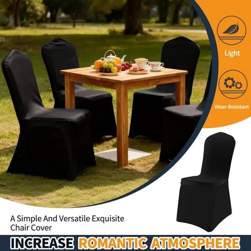 Miniatura 7 de Yahpetes 2 fundas para silla, de poliéster negro, fundas para sillas de banquete, parte delantera plana, elásticas, de elastano, para bodas