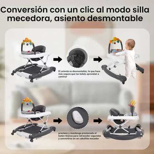 Miniatura 3 de Andador de bebé, 5 en 1 para niños y niñas de 6 a 12 meses con gorila, reposapiés extraíble, bandeja de alimentación y música, caminador de C-gris