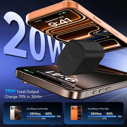 Miniatura 2 de Cargador para teléfono 17, 16, 15 Pro, carga rápida, 20 W, USB C, bloque de carga rápida con cargadores tipo C de 6.6 pies de largo, cable de carga