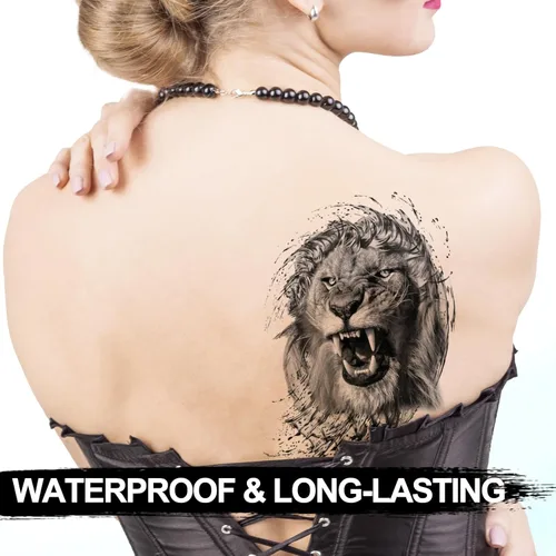 Miniatura 2 de Kotbs 6 hojas de tatuajes temporales de animales en 3D para mujeres y hombres, tatuajes realistas impermeables falsos con patrón de lobo y león