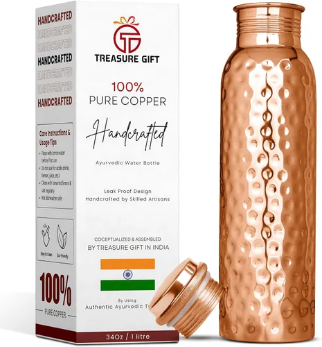 Botella de agua de cobre 100% puro para beber, botella de cobre ayurvédico martillado de 34 onzas para agua potable, a prueba de fugas y ecológica,