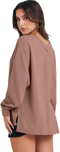 Miniatura 4 de ANRABESS Camisas de manga larga de gran tamaño para mujer, sudadera con hombros descubiertos, holgada, cuello en V, suéter alto y bajo 2025
