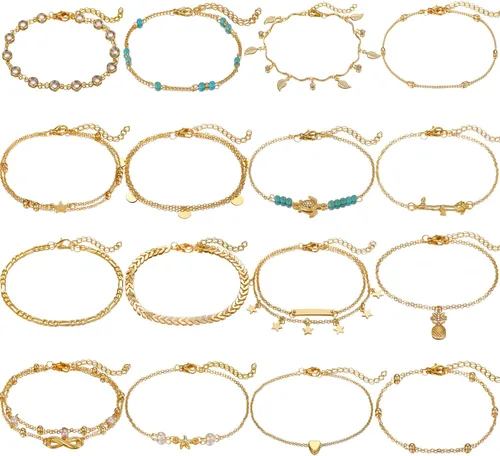 Starain - Juego de 12 tobilleras para mujer y niña, ajustable, diseño de corazón, elefante, capas, color dorado y plateado, joyería de pie para la
