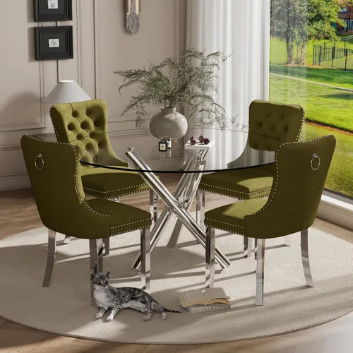 Miniatura 12 de Juego pequeño de mesa redonda con tapa de vidrio transparente para 2, 36'' Juego moderno de lujo para cenas circulares, 3 piezas Juego minimalista