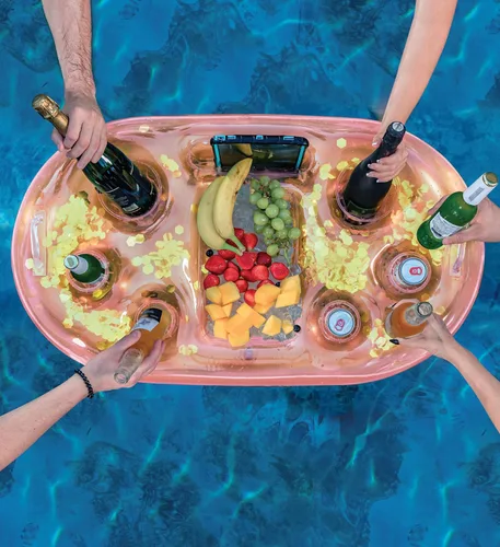 Miniatura 5 de POZA Hielera flotante inflable dorada – Lujoso soporte para bebidas relleno de confeti brillante, flotador de fiesta premium con 8 soportes, barra