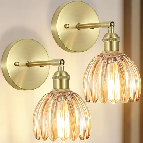 Juego de dos apliques de pared cableados, luces de pared vintage con pantalla de cristal de tulipán ámbar, lámparas de pared doradas para