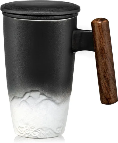 Miniatura 10 de suyika Tomotime - Taza de té de cerámica con infusor y tapa, asa de madera, 13.5 onzas (400 ml) (Azul cian)
