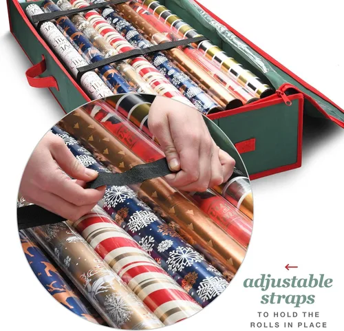 Miniatura 5 de Organizador de papel de regalo de alta calidad, soporte para papel de regalo con bolsillos adicionales para decoraciones navideñas, asas reforzadas
