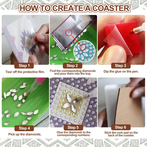 Miniatura 3 de Temlum 6 posavasos de pintura de diamantes con soporte, posavasos de diamantes bohemios, kits de pintura de diamantes pequeños para principiantes