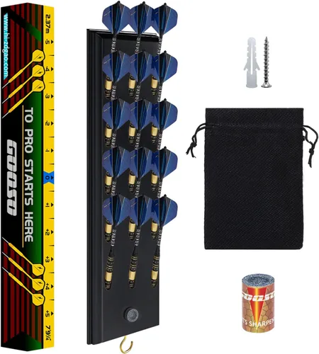 FDLS Soporte para dardos montado en la pared para 12 o 15 dardos de acero y punta suave, organizador de dardos para pared con gancho de metal, bolsa