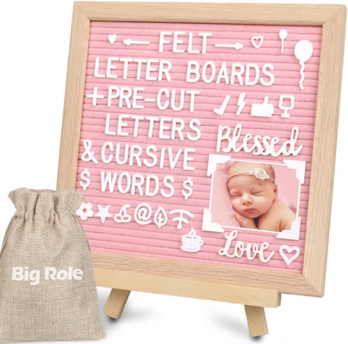 Tablero de letras de fieltro rosa de 10 x 10 pulgadas, tablero de letras intercambiables con letras blancas precortadas, tablero de mensajes de