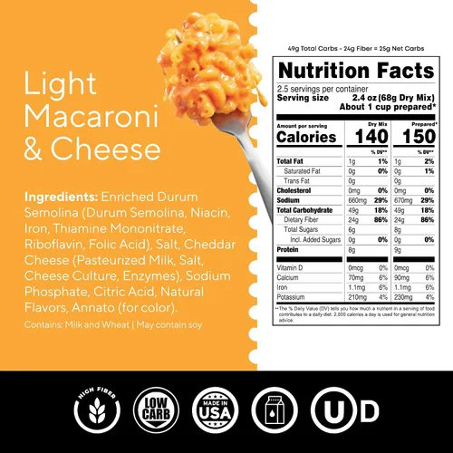 Miniatura 2 de Fiber Gourmet - Pasta de Macarrones y queso, rica en fibra, baja en calorías, pasta instantánea saludable y cremosa, con certificación Vegana y 6