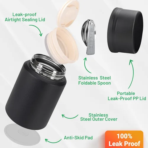 Miniatura 5 de Charcy Termo de 17oz para alimentos calientes, sopa termo contenedor de alimentos para lonchera con cuchara plegable ZB - Negro