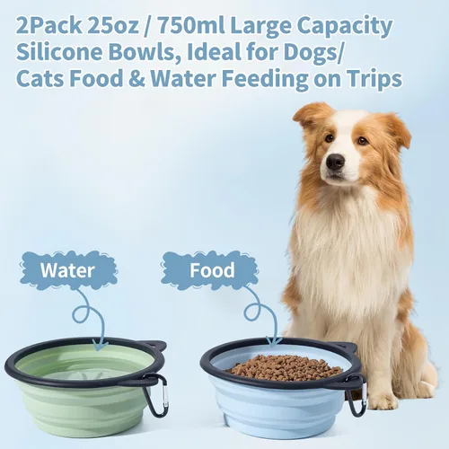 Miniatura 7 de Paquete de 2 cuencos plegables de silicona para perros, con forma de oreja de mascota y cuenco de agua de viaje con gráficos de gato, lleno