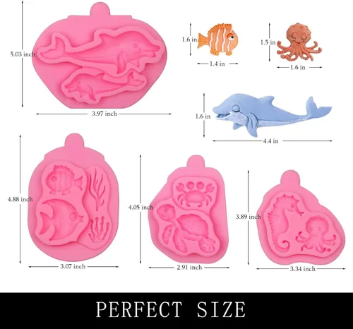 Miniatura 2 de Moldes de silicona para fondant de peces de tortuga marina, 4 paquetes de moldes de chocolate con delfín de coral marino para decoración de Pescado