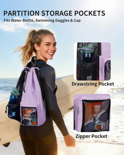 Miniatura 2 de WANDF Mochila de Malla con Cordón para Natación, con Bolsillo para Artículos Húmedos, para Natación, Gimnasio y Equipo de Entrenamiento Púrpura