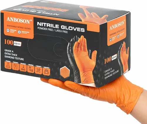 Guantes de Nitrilo 10 mil Naranja Grande, 100 unidades, Sin Polvo, Antideslizantes, Diamante, Extra Gruesos, Sin Látex