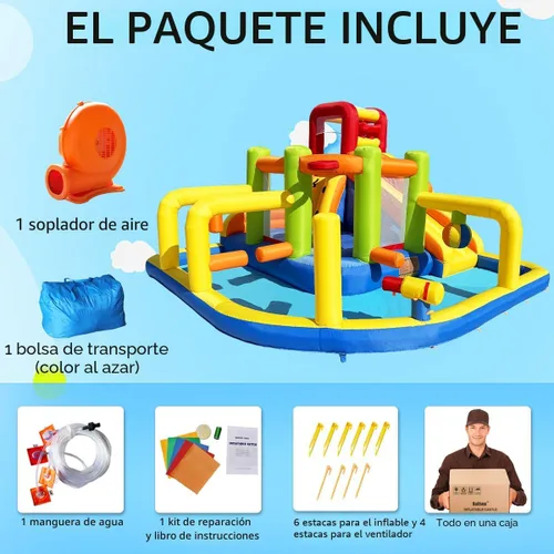 Miniatura 7 de Umbalir Casa inflable de rebote de obstáculos, parque acuático para niños con toboganes de agua, cubo de descarga sorpresa, obstáculos, salto