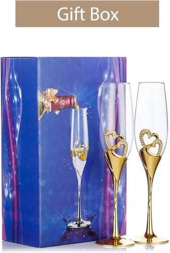 Miniatura 8 de Juego de copas de champán para boda, copas de flauta de tostado dorado, paquete de 2 con diamantes de imitación, decoración de corazones para bodas