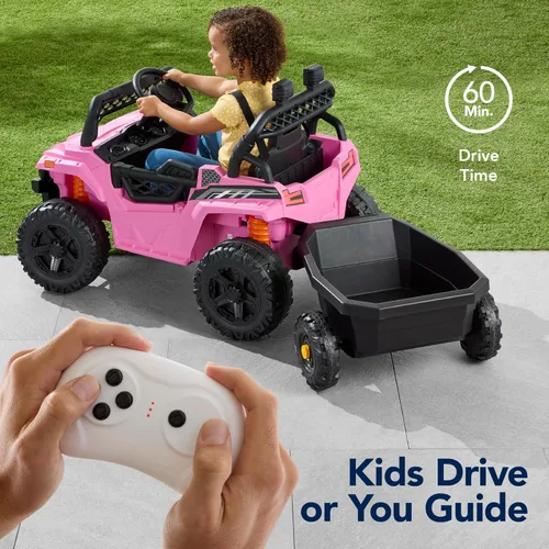 Miniatura 3 de Best Choice Products Carro Eléctrico Montable UTV de 12V para Niños con Remolque con Control Parental, Luces LED, 2 Velocidades, Bluetooth - Rosa