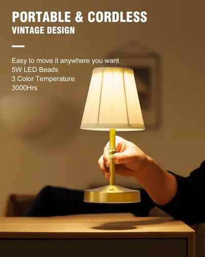 Miniatura 2 de Lámpara Mini Inalámbrica de 5W en Oro, Lámpara Pequeña Operada con Batería de 3000 mAh, Lámparas de Mesa Pequeñas Vintage, Lámparas Recargables