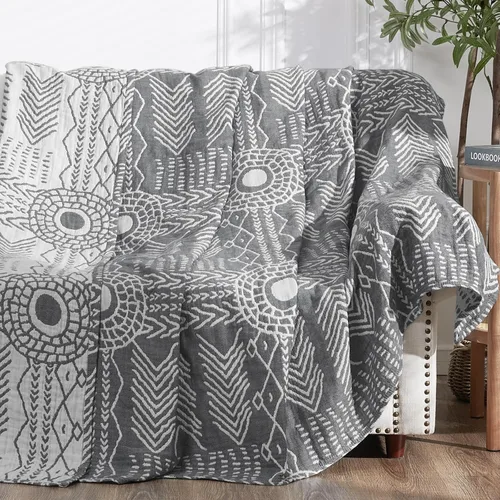 Miniatura 17 de jinchan Manta de muselina boho de 100% algodón, tamaño individual, 60x80 pulgadas, ligera, de 3 capas, diseño geométrico cruzado, reversible, colcha