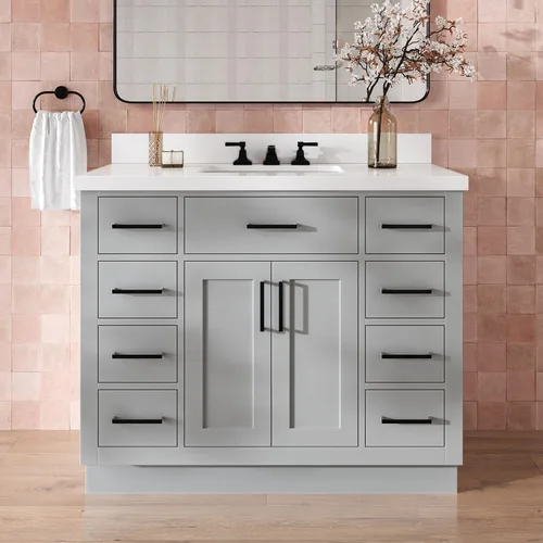 Miniatura 24 de DKB Isabella - Mueble de baño negro de 42 pulgadas con fregadero, lavabo rectangular, encimera de cuarzo blanco puro y protector contra salpicaduras